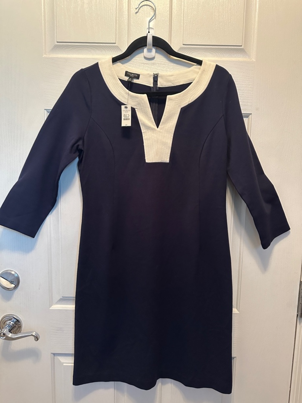 Talbots Classic and Chic Navy Midi Dress with Ivory Neckline 3/4 Sleeve Size 6P